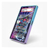 A slim protective phone case with a vibrant blue-to-purple gradient metallic finish, shown on a smartphone with a colorful screen. The case features a transparent, clear back panel with a printed holographic Pokémon card design, set against a clean white background.