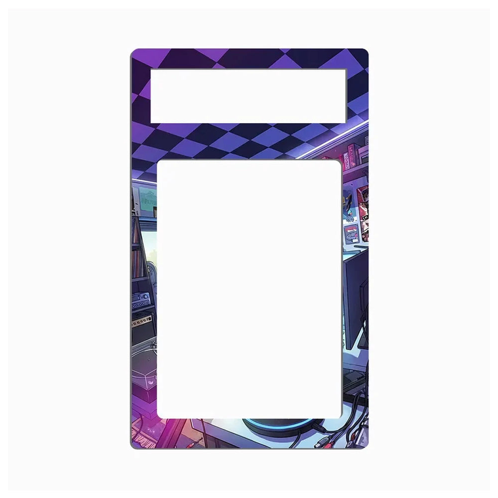 A rectangular plastic or acrylic frame insert with a large blank white center and a decorative printed border featuring a purple and black harlequin pattern and neon-lit room details, shown on a plain white background.