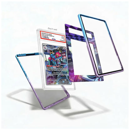 A set of transparent protective phone cases with colorful gradient borders, displayed in a floating arrangement around a sample card insert on a white background.