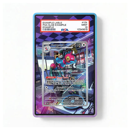 A PSA graded protective card case for a Pokémon TCG card, featuring a purple and blue holographic border with a printed illustration of a character in a shop. The top has a clear label showing PSA details, and the center shows a mockup of a card with 'CARD NOT INCLUDE' text.