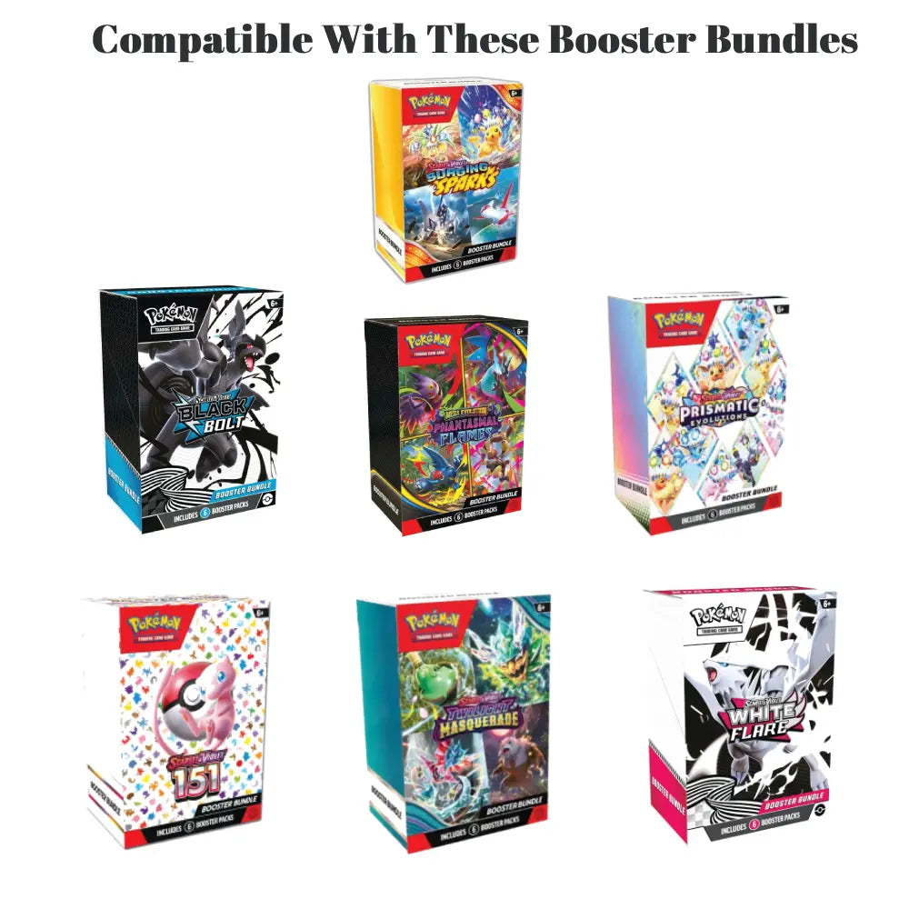 A promotional graphic showing a list of compatible Pokémon booster bundles under the heading 'Compatible With These Booster Bundles.' The image contains multiple boxed Pokémon TCG products arranged on a white background, including Black Myth: Solstice, Scarlet & Violet, Primarie, 151, MEGA Drive, and White Hunter.