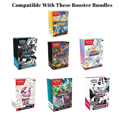 A promotional graphic showing a list of compatible Pokémon booster bundles under the heading 'Compatible With These Booster Bundles.' The image contains multiple boxed Pokémon TCG products arranged on a white background, including Black Myth: Solstice, Scarlet & Violet, Primarie, 151, MEGA Drive, and White Hunter.