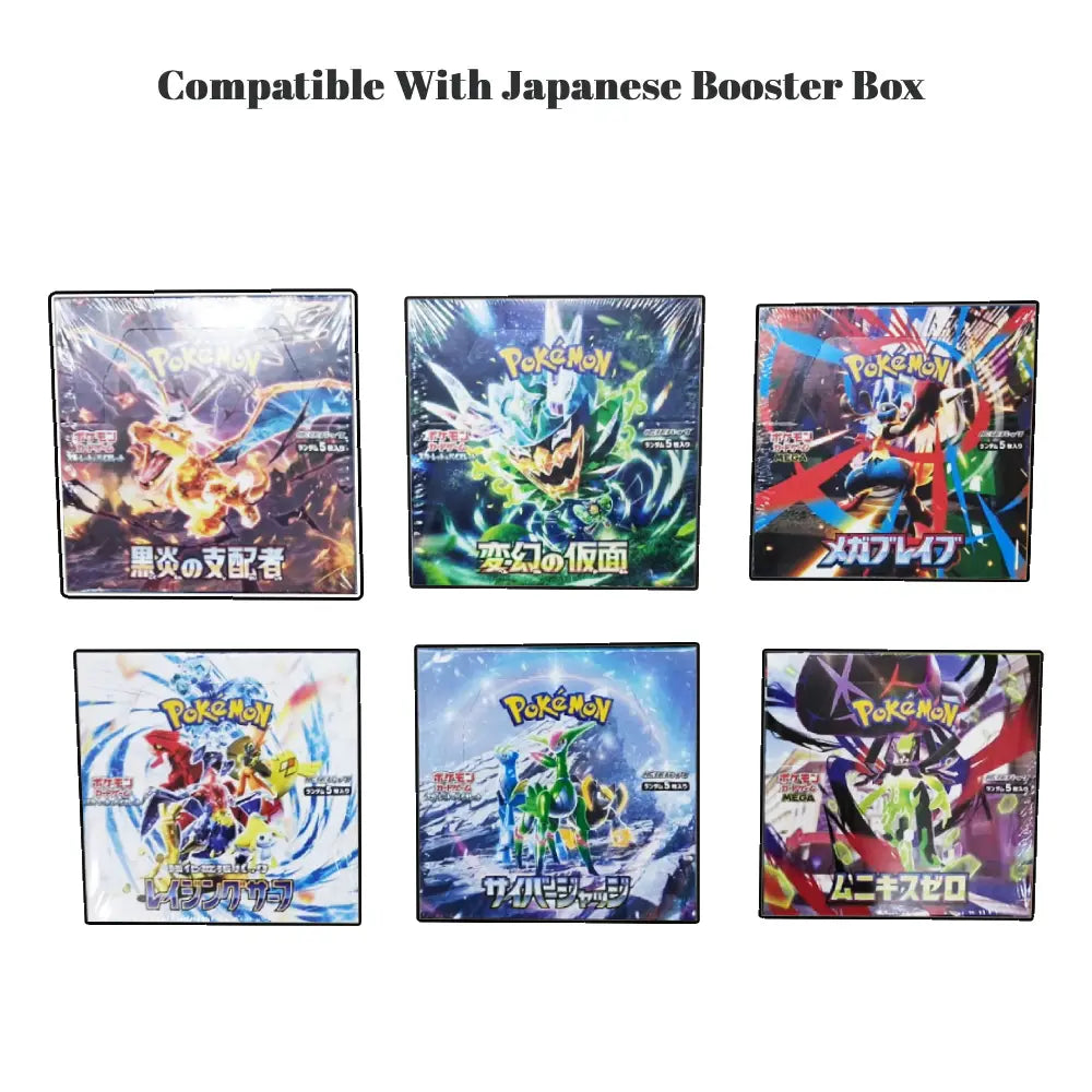 Six Pokémon booster box packages arranged in a 2x3 grid on a white background, with the text 'Compatible With Japanese Booster Box' above them. The boxes feature colorful anime artwork and Japanese text.