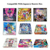 A collage of nine Pokémon booster box packages arranged in a 3-by-3 grid on a white background, with the text 'Compatible With Japanese Booster Box' above. The boxes feature colorful Japanese Pokémon artwork and branding.
