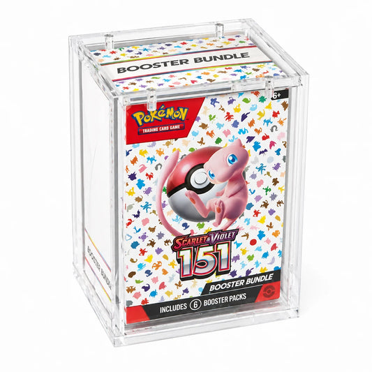 Pokémon Scarlet & Violet 151 Booster Bundle in a clear acrylic display box, featuring a pink Jigglypuff illustration and colorful card pack artwork.