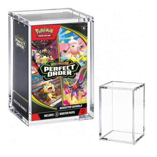 Pokémon Trading Card Game Perfect Order Booster Bundle display box shown with its clear acrylic case and a separate empty clear acrylic case on a white background.