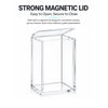 Clear acrylic display box with a hinged magnetic lid, shown on a white background with text highlighting the strong magnetic lid feature.
