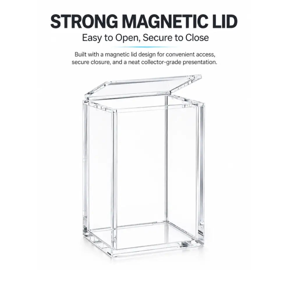 Clear acrylic display box with a hinged magnetic lid, shown on a white background with text highlighting the strong magnetic lid feature.