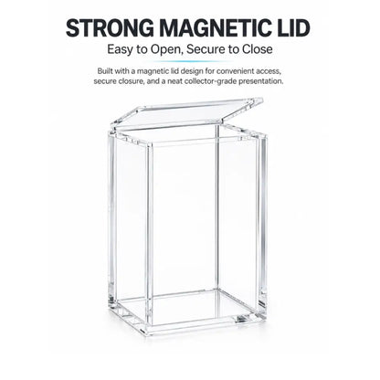 Clear acrylic display box with a hinged magnetic lid, shown on a white background with text highlighting the strong magnetic lid feature.