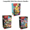 Three Pokémon booster bundle boxes shown together on a white background under the heading 'Compatible With These Booster Bundles.' The boxes feature colorful illustrated artwork and visible Pokémon branding.
