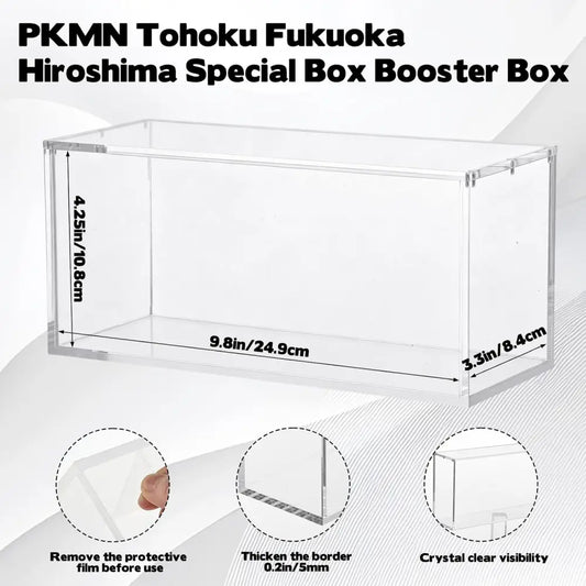 Clear acrylic box booster box labeled 'PKMN Tohoku Fukuoka Hiroshima Special Box Booster Box' with printed dimensions in centimeters and three feature callouts about removing protective film, thickening the border, and crystal clear visibility.