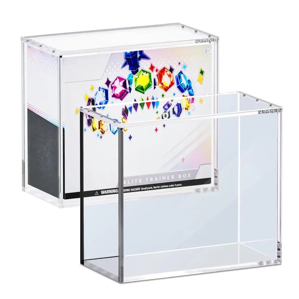 Two clear acrylic display boxes on a white background, with one empty box in front and one branded box behind showing colorful gem graphics and the text 'ELITE TRAINER BOX'.