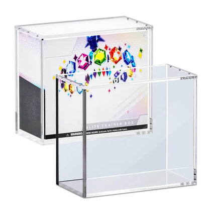 Two clear acrylic display boxes on a white background, with one empty box in front and one branded box behind showing colorful gem graphics and the text 'ELITE TRAINER BOX'.