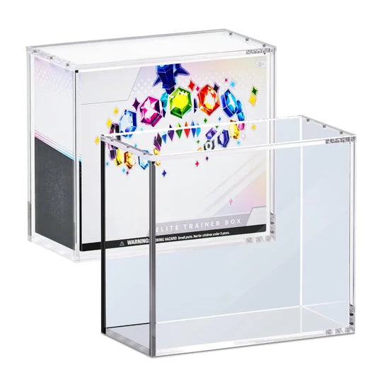 Two clear acrylic display boxes on a white background, with one empty box in front and one branded box behind showing colorful gem graphics and the text 'ELITE TRAINER BOX'.