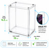 Clear acrylic display box with dimension labels showing inner height 16.5 cm, inner length 19 cm, and inner width 9 cm, plus callouts for snug fit, 5mm thick premium acrylic, magnetic lid, and crystal-clear acrylic display-ready packaging.