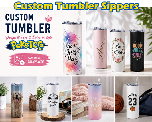 A promotional collage for custom tumbler sippers. The top text reads 'Custom Tumbler Sippers' with the brand/logo 'POKTCG'.