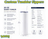 A promotional infographic for a Pokémon Custom Tumbler Sippers product, showing a 20 oz skinny tumbler with a clear straw on a white background, alongside text detailing specifications, features, and care instructions.