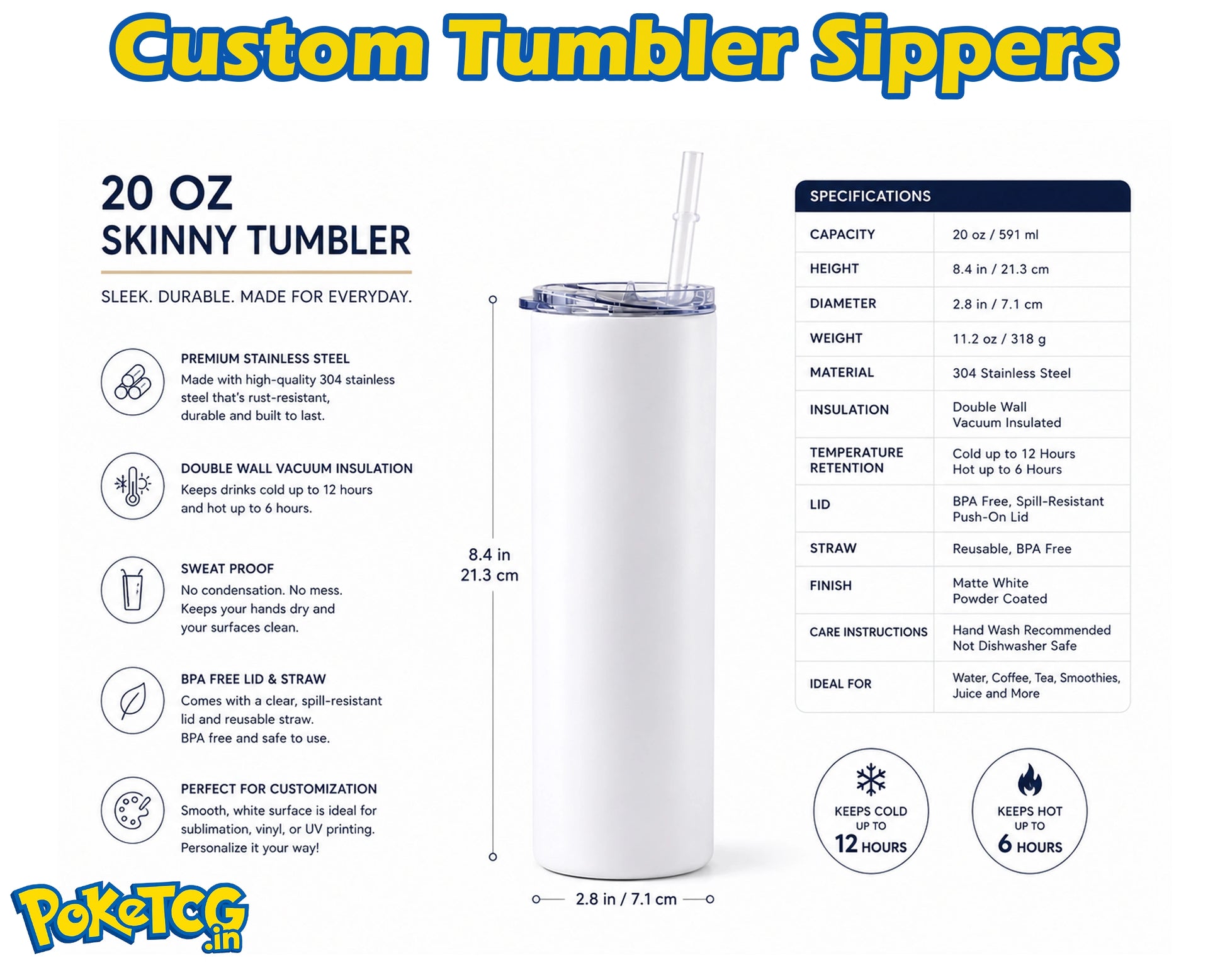 A promotional infographic for a Pokémon Custom Tumbler Sippers product, showing a 20 oz skinny tumbler with a clear straw on a white background, alongside text detailing specifications, features, and care instructions.
