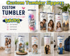 Promotional collage for custom tumbler sippers, showing several insulated tumblers with printed family photos, watercolor designs, and text such as 'Your Design Here,' 'Dad,' 'Mom,' 'Emma,' and 'Family.' Large text at the top reads 'Custom Tumbler Sippers,' and the left side includes branding for 'Custom Tumbler' and 'Poktogo.
