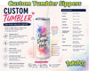 Custom Tumbler Sippers infographic for PoketCG IN, showcasing a customizable double-walled vacuum-insulated straw tumbler with a clear lid and straw. The graphic features a watercolor design on a light blue background with various specifications, features, and instructions.