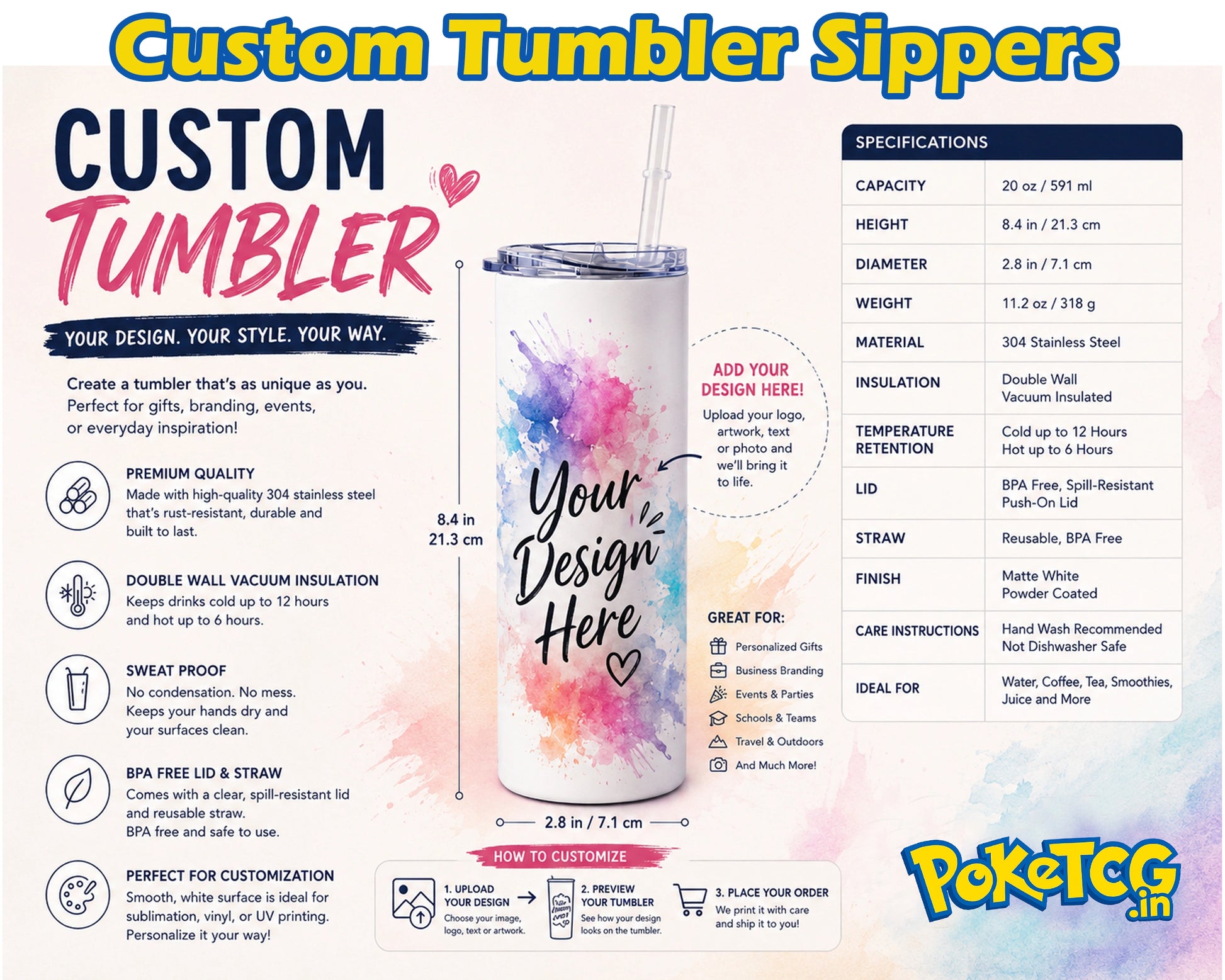 Custom Tumbler Sippers infographic for PoketCG IN, showcasing a customizable double-walled vacuum-insulated straw tumbler with a clear lid and straw. The graphic features a watercolor design on a light blue background with various specifications, features, and instructions.