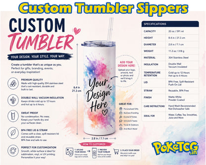 Custom Tumbler Sippers infographic for PoketCG IN, showcasing a customizable double-walled vacuum-insulated straw tumbler with a clear lid and straw. The graphic features a watercolor design on a light blue background with various specifications, features, and instructions.