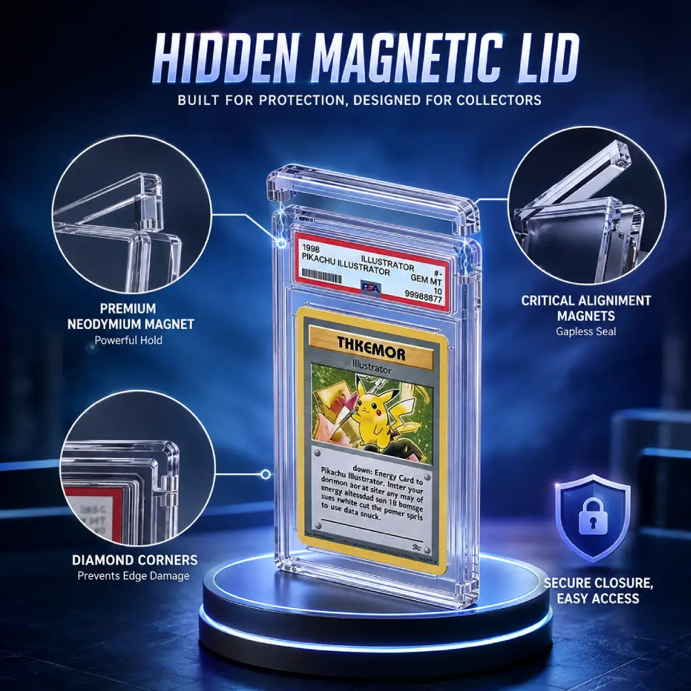 A clear protective card holder displaying a Pokémon TCG card, centered on a glowing circular base with marketing callouts reading 'Hidden Magnetic Lid' and feature labels for neodymium magnets, diamond corners, and secure closure.