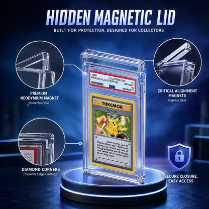 A clear protective card holder displaying a Pokémon TCG card, centered on a glowing circular base with marketing callouts reading 'Hidden Magnetic Lid' and feature labels for neodymium magnets, diamond corners, and secure closure.