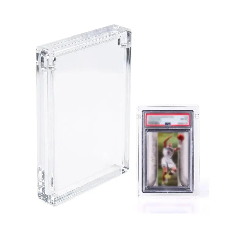 Clear acrylic card protector case shown empty on the left and holding a graded sports card on the right, photographed on a white background.