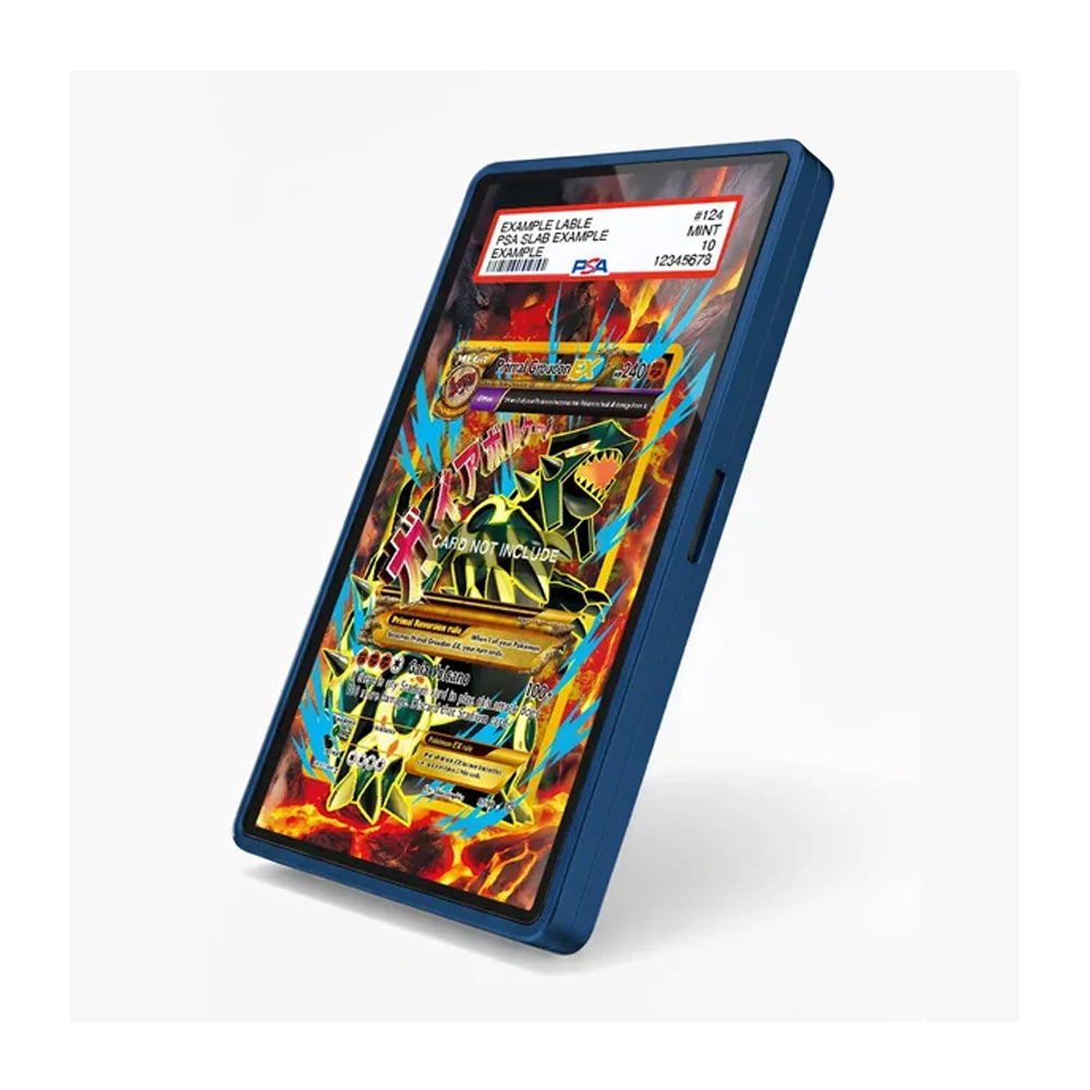 A blue protective phone case shown at an angle on a light gray background, featuring a colorful sample card graphic on the screen.