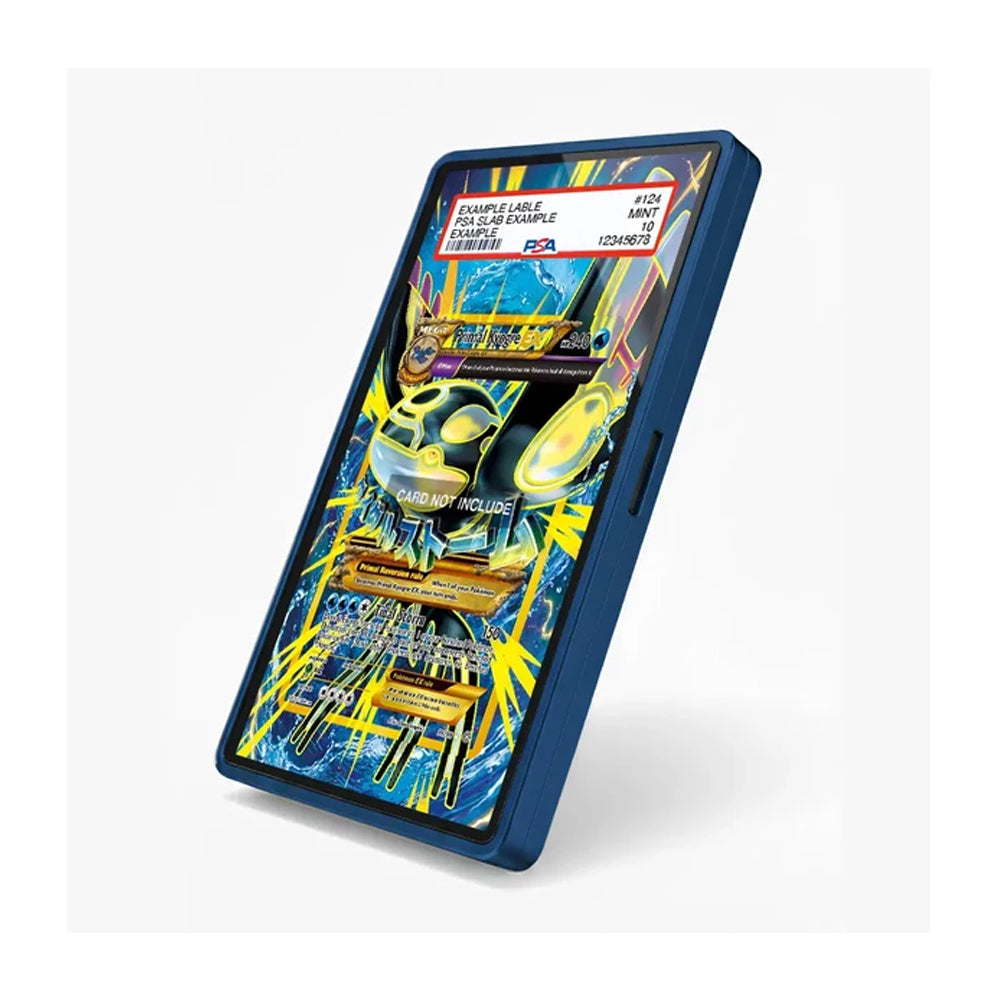 A blue protective phone case shown at an angle on a light gray background, featuring a colorful graphic print on the back with Japanese text and a stylized character illustration.