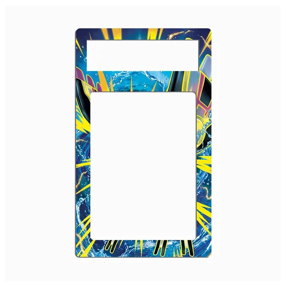 A rectangular phone case with a colorful abstract print, featuring a large blank white center cutout and a smaller horizontal cutout near the top. The border has a vibrant blue, yellow, and black marbled pattern.