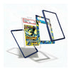A clear acrylic display card holder with a dark blue frame, shown in multiple angles floating against a white background. One view shows a graded PSA-style collectible card inside the holder.
