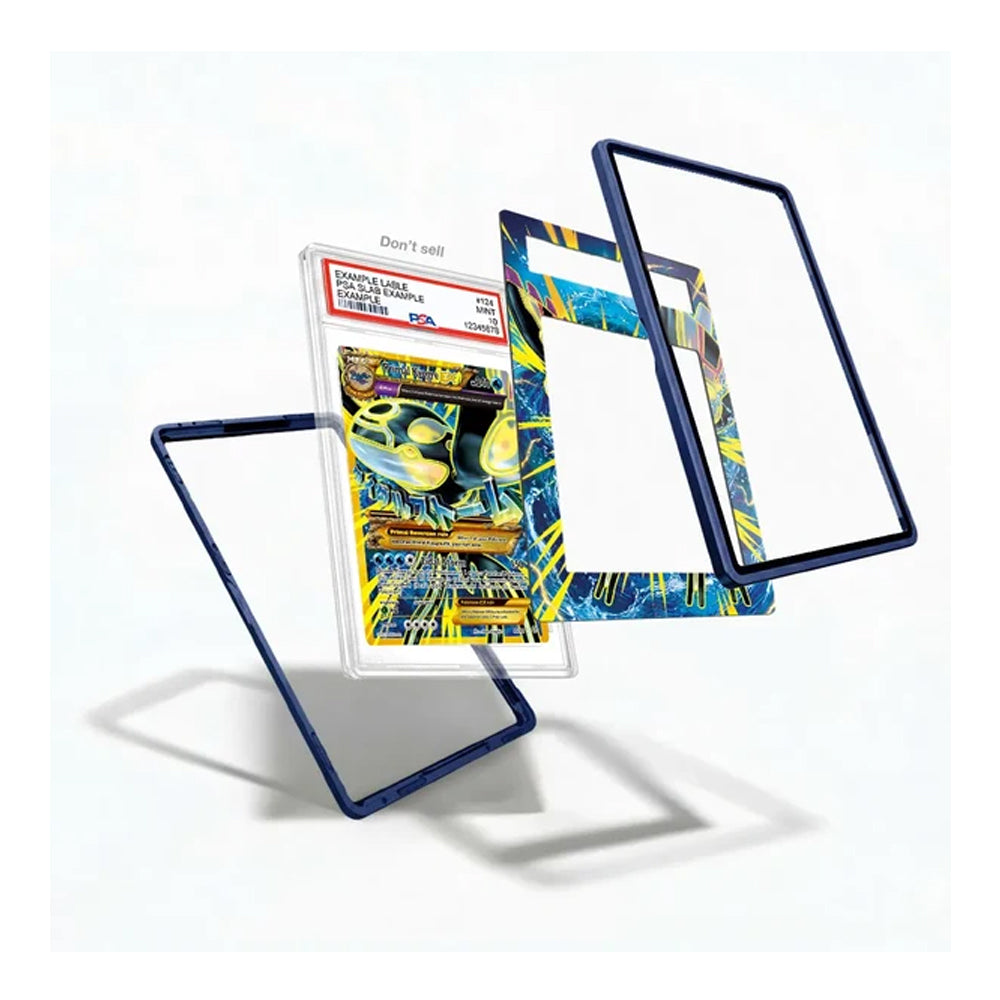 A clear acrylic display card holder with a dark blue frame, shown in multiple angles floating against a white background. One view shows a graded PSA-style collectible card inside the holder.