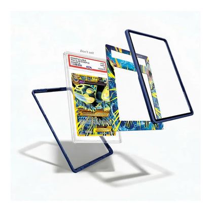 A clear acrylic display card holder with a dark blue frame, shown in multiple angles floating against a white background. One view shows a graded PSA-style collectible card inside the holder.