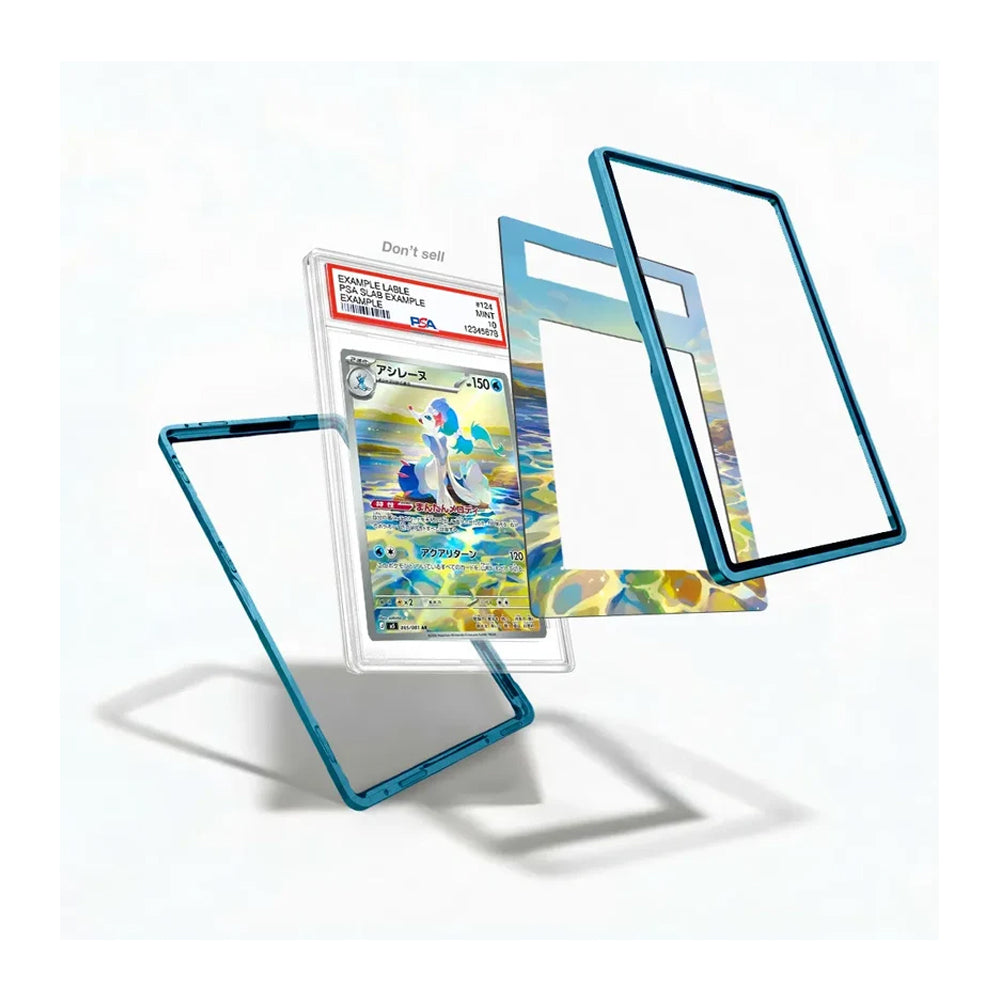 A set of transparent acrylic or glass card protectors with metallic blue edges, shown floating around a graded Pokémon TCG card on a clean white background.