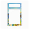 A rectangular picture frame with a colorful coastal landscape border. The top section is light blue, the bottom features a painted shoreline with blue water, yellow and green reflections, and distant hills, and the center is a blank white insert area.