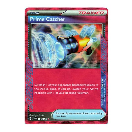 A holographic Pokémon trading card titled 'Prime Catcher' from the 2014 Evolving Skies expansion, featuring a red border and a central illustration of a blue and orange catching device.
