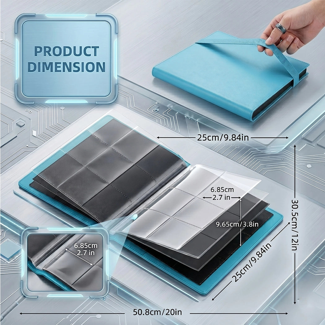 Blue binder with dimensions displayed on a technical background