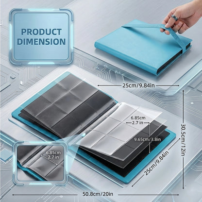 Blue binder with dimensions displayed on a technical background