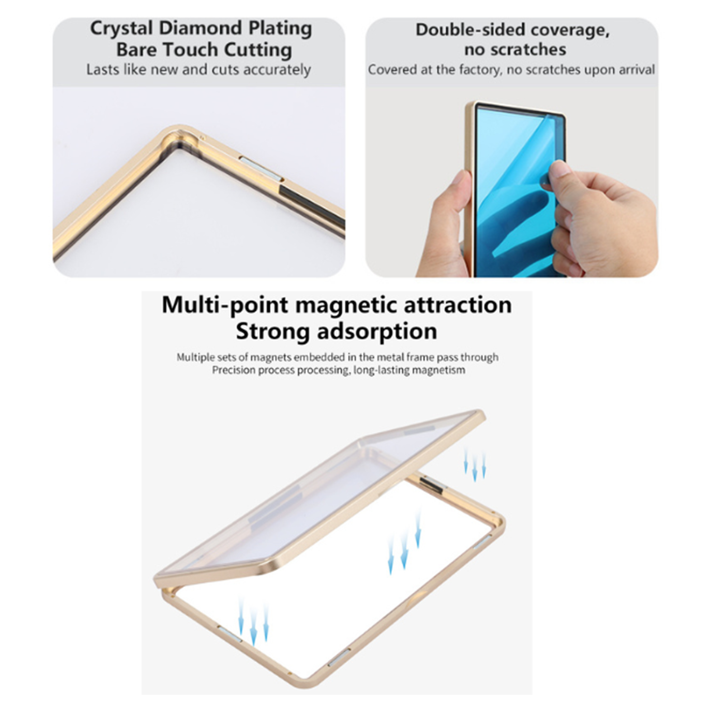 Product advertisement with features of a gold frame, including crystal diamond plating, double-sided coverage, and multi-point magnetic attraction.