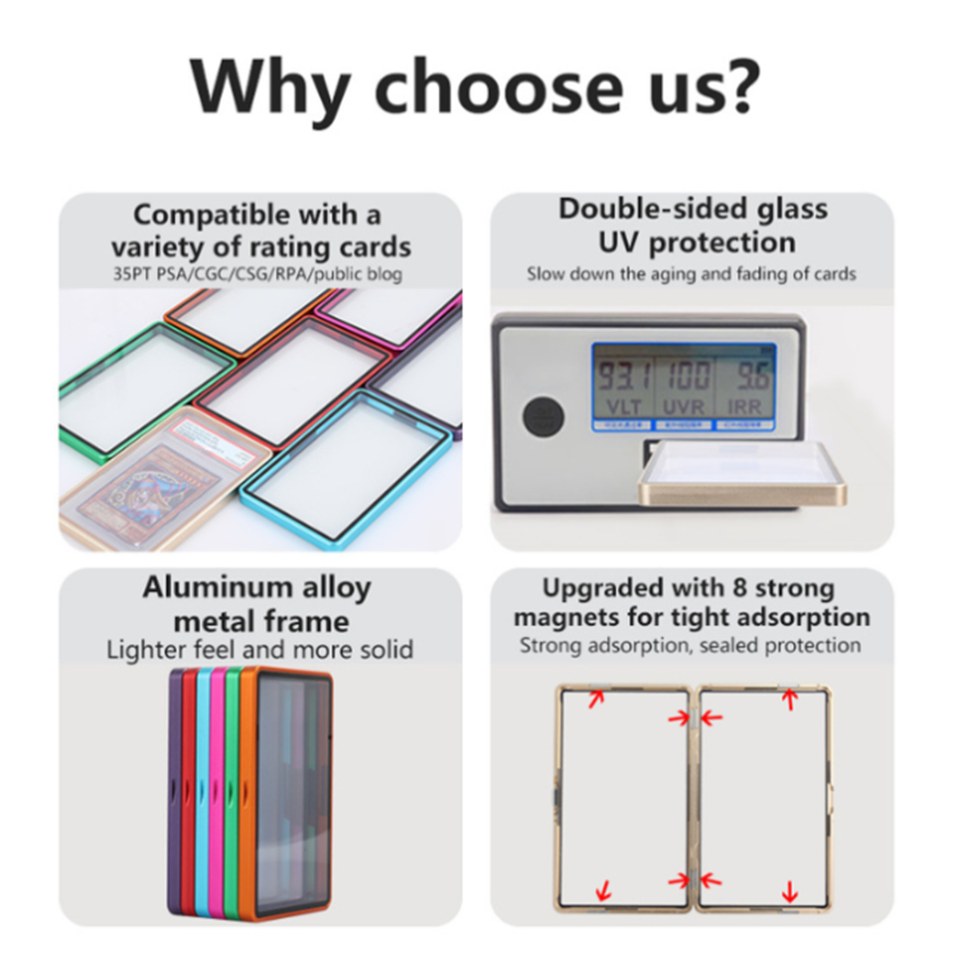 Product features with text highlighting compatibility, UV protection, metal frame, and magnets.