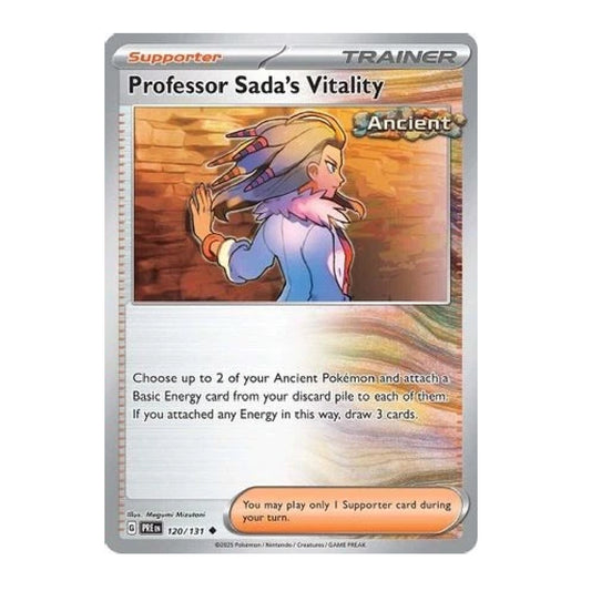A Pokémon trading card titled "Professor Sada's Vitality" shown on a plain white background. The card has a silver border, an "Ancient" label, and artwork of a woman with flowing hair in a blue outfit against a warm orange-brown scene.