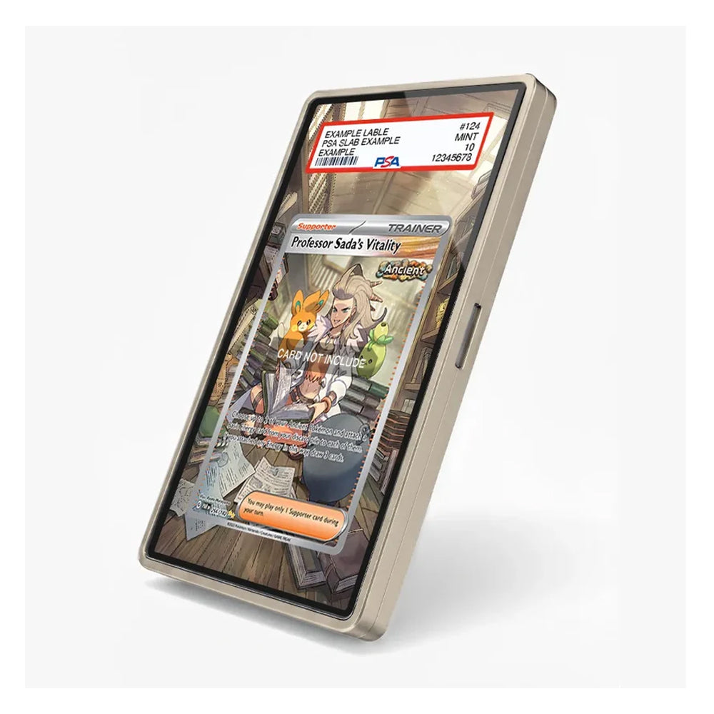 A transparent protective display sleeve for a collectible card, shown mounted on a smartphone-like frame against a light gray background. The sleeve is labeled with a PSA grading sticker at the top and contains a fantasy character card featuring Professor Sadie and a fox.