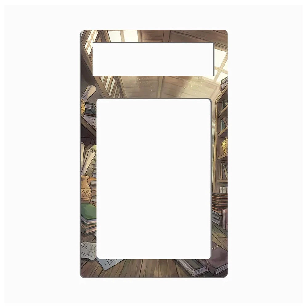 A rectangular phone case with rounded corners featuring an illustrated library or bookshelf scene in warm brown and beige tones, with two large white cutout areas near the top and center.