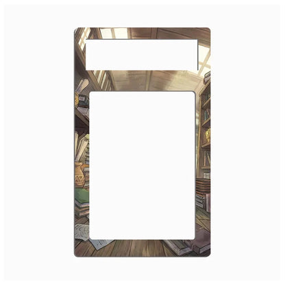 A rectangular phone case with rounded corners featuring an illustrated library or bookshelf scene in warm brown and beige tones, with two large white cutout areas near the top and center.