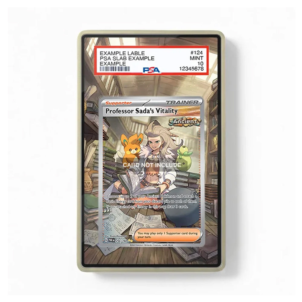 A PSA graded collectible trading card in a clear protective slab, featuring an illustrated card labeled 'Professor Sada's Vitality' with a red and white PSA grading label at the top.
