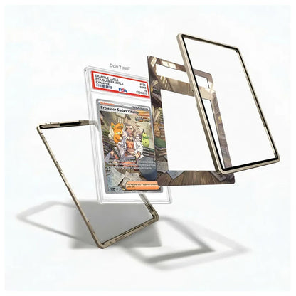 A clear protective case with a metallic gold-toned frame, shown holding a graded Pokémon TCG card and displayed in multiple angles on a clean white background.