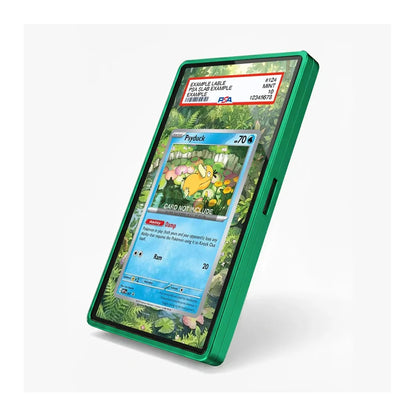 A green protective case for a smartphone, shown at an angle on a light gray background. The screen of the phone displays a sample Pokémon card (Pudgy) with a PSA grading label at the top.