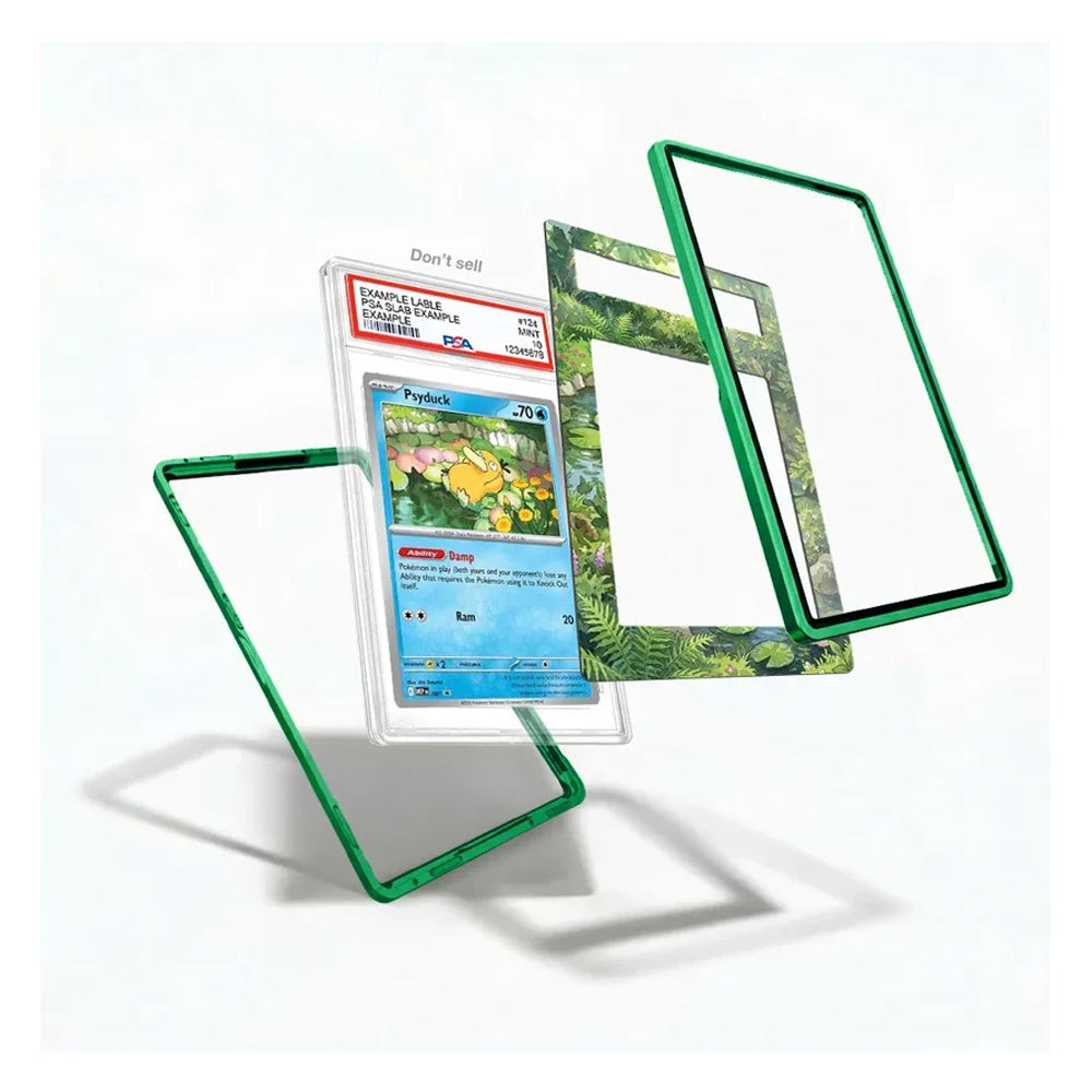 A clear acrylic protective case with a vibrant green border is shown displaying a graded Pokémon Parley trading card. The case is presented in a floating, exploded view showing three layers, with one layer featuring a green fern pattern insert.
